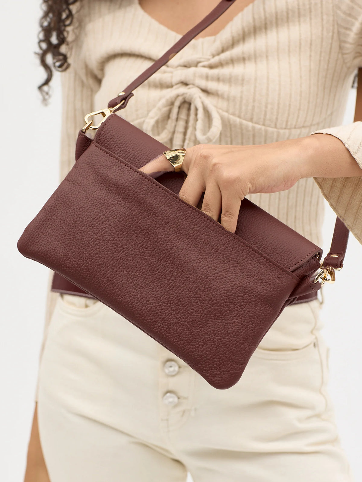 Alina Hakiki Deri Clutch El ve Omuz Çantası - Floater bordo