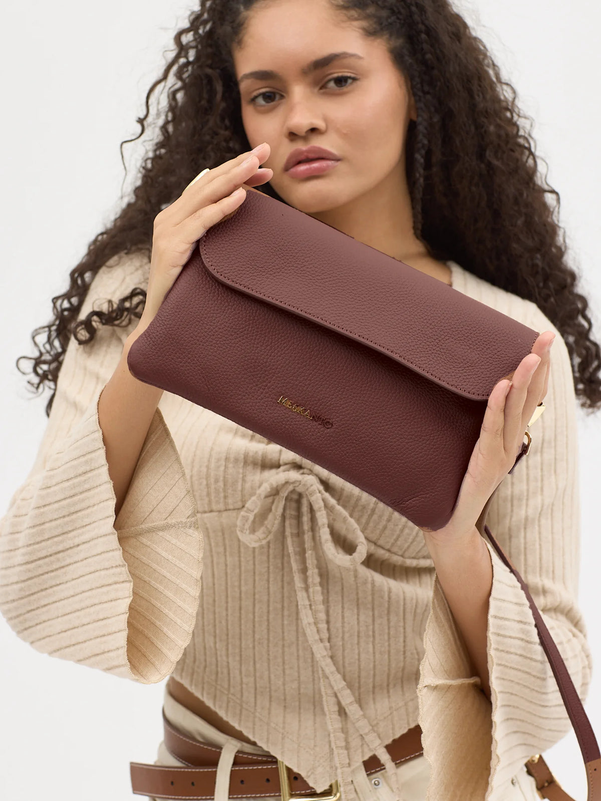 Alina Hakiki Deri Clutch El ve Omuz Çantası - Floater bordo