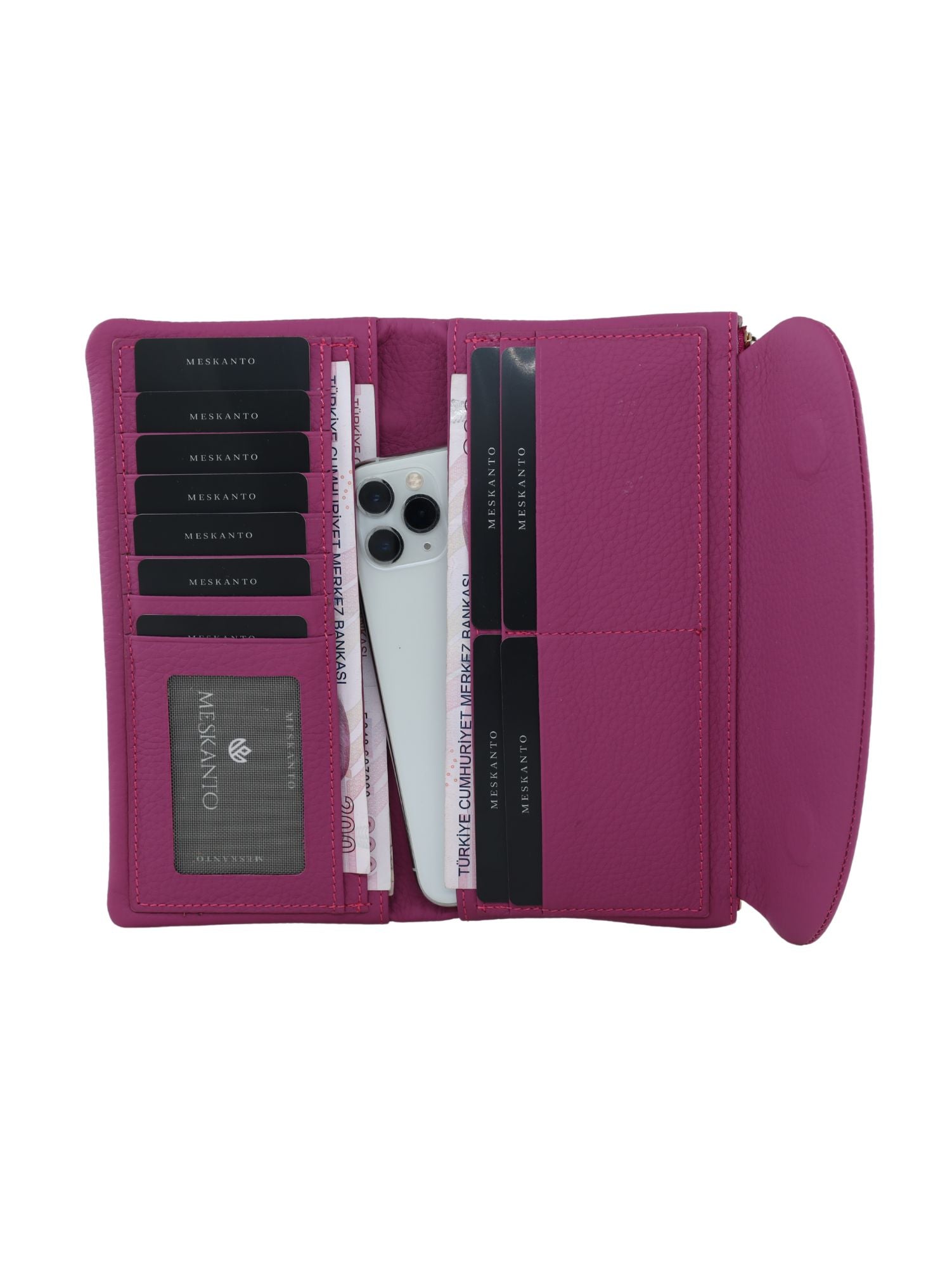 Meskanto - Meskanto Daisy Hakiki Deri Telefon Bölmeli Kapaklı Uzun Kadın Cüzdanı - ALM-FUŞYA - F