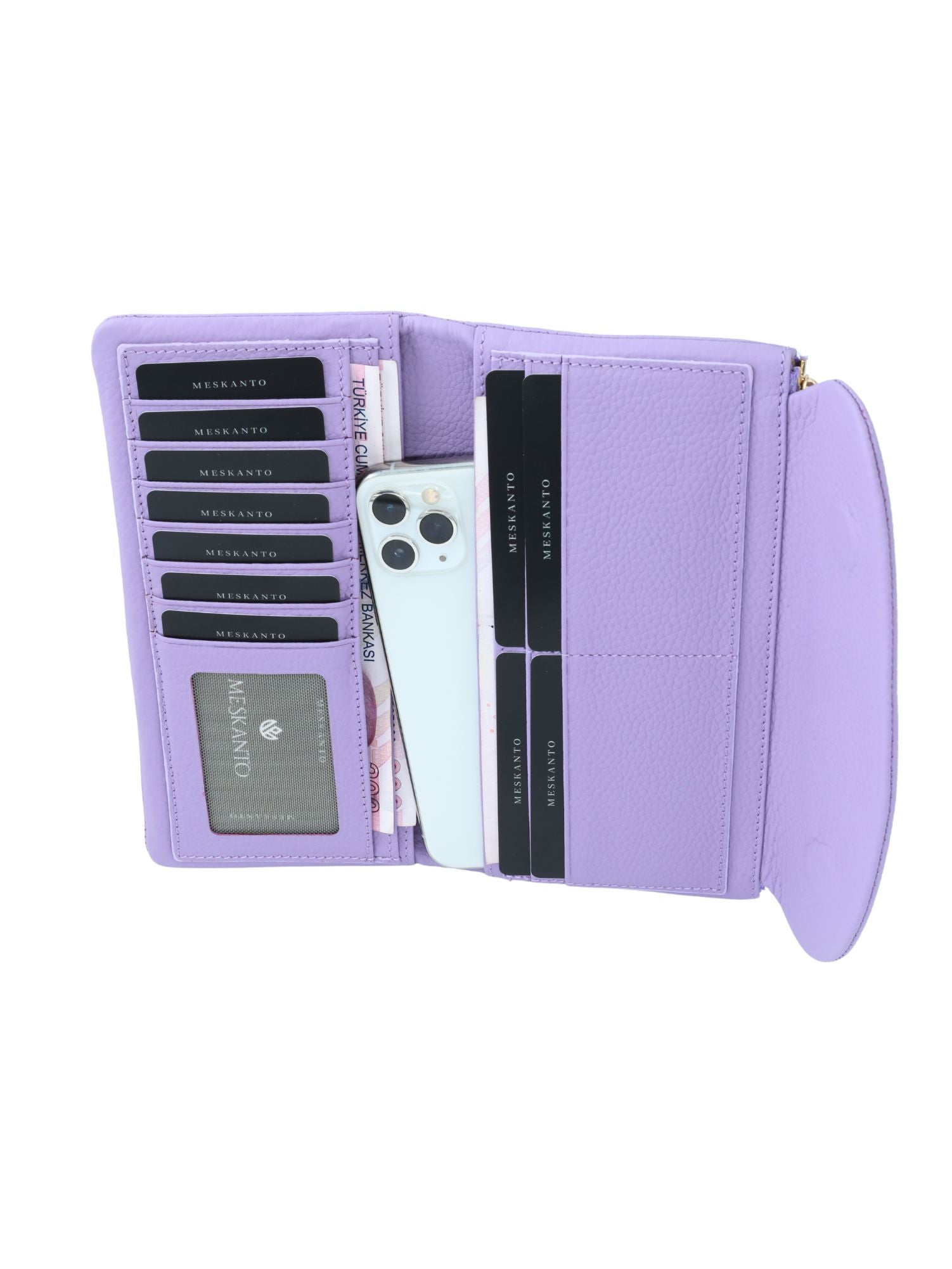 Meskanto - Meskanto Daisy Hakiki Deri Telefon Bölmeli Kapaklı Uzun Kadın Cüzdanı - ALM-LİLA - L