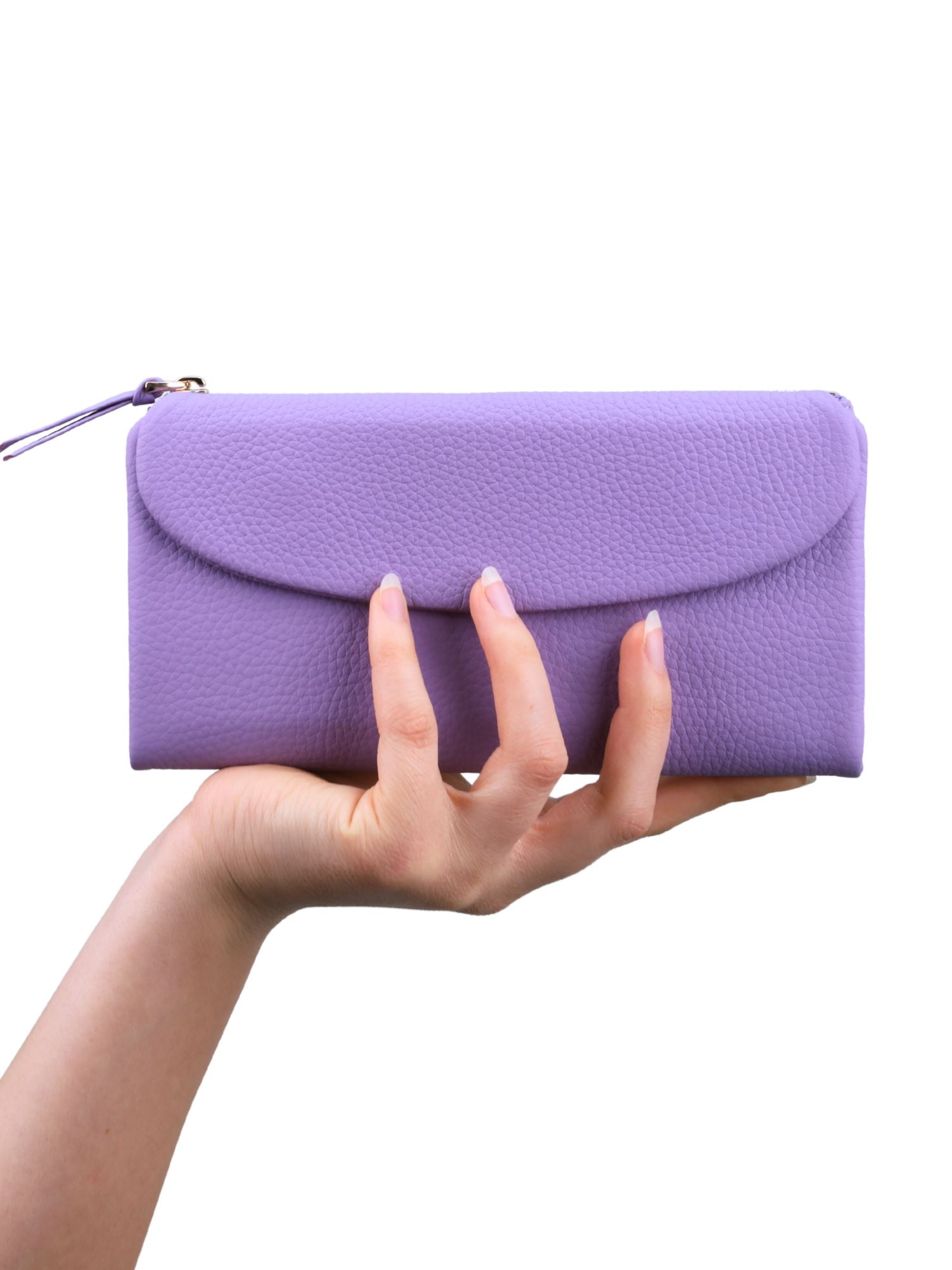 Meskanto - Meskanto Daisy Hakiki Deri Telefon Bölmeli Kapaklı Uzun Kadın Cüzdanı - ALM-LİLA - L