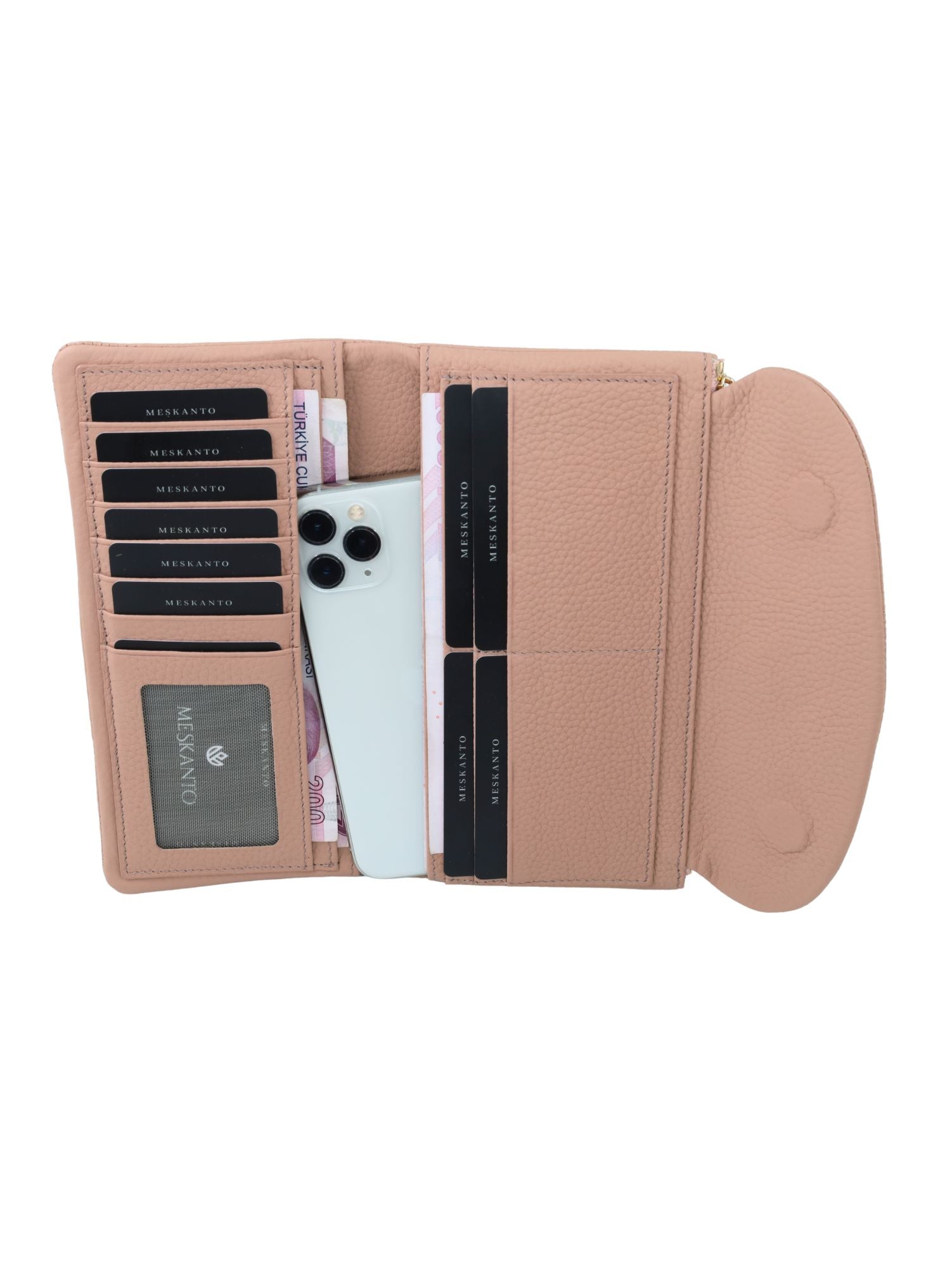Meskanto - Meskanto Daisy Hakiki Deri Telefon Bölmeli Kapaklı Uzun Kadın Cüzdanı - ALM-PUDRA - P