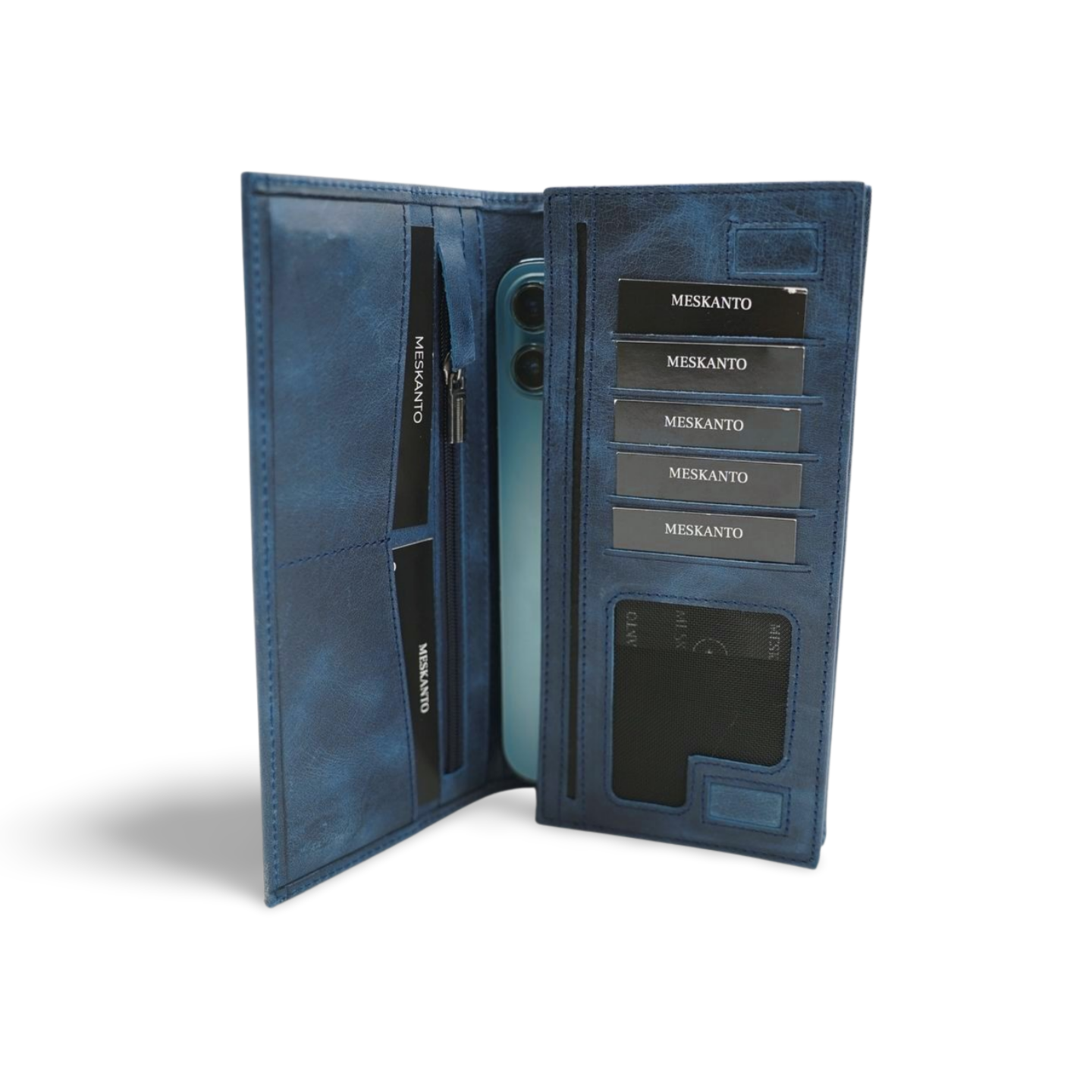 Meskanto - Meskanto Maya Hakiki Deri Kanguru Telefon Bölmeli Mıknatıslı Cüzdan + Ek Kartlık - MFT - WL - 7286 - Mavi
