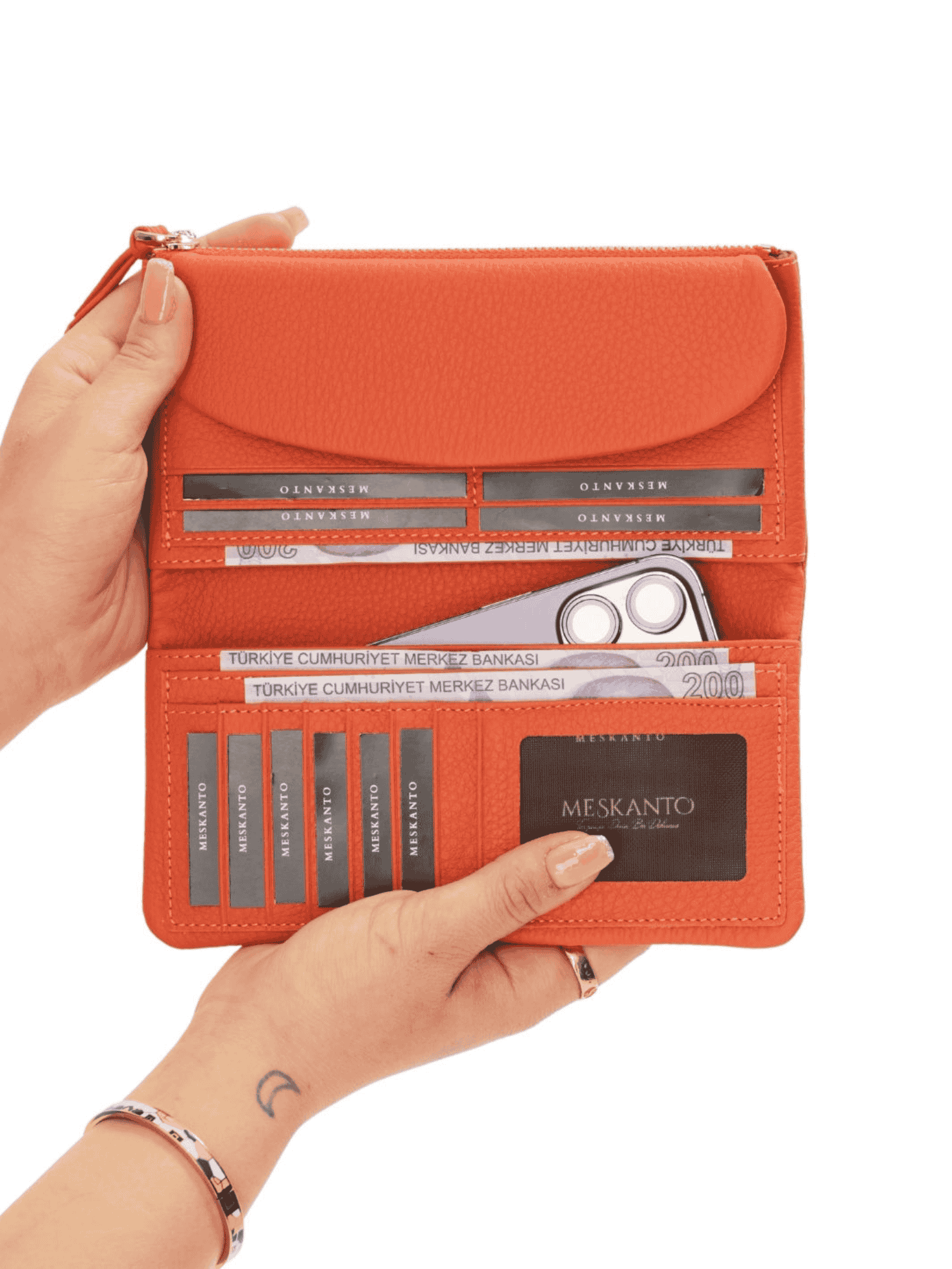 Meskanto - Meskanto Daisy Hakiki Deri Telefon Bölmeli Kapaklı Uzun Kadın Cüzdanı - FD-2049-T- T