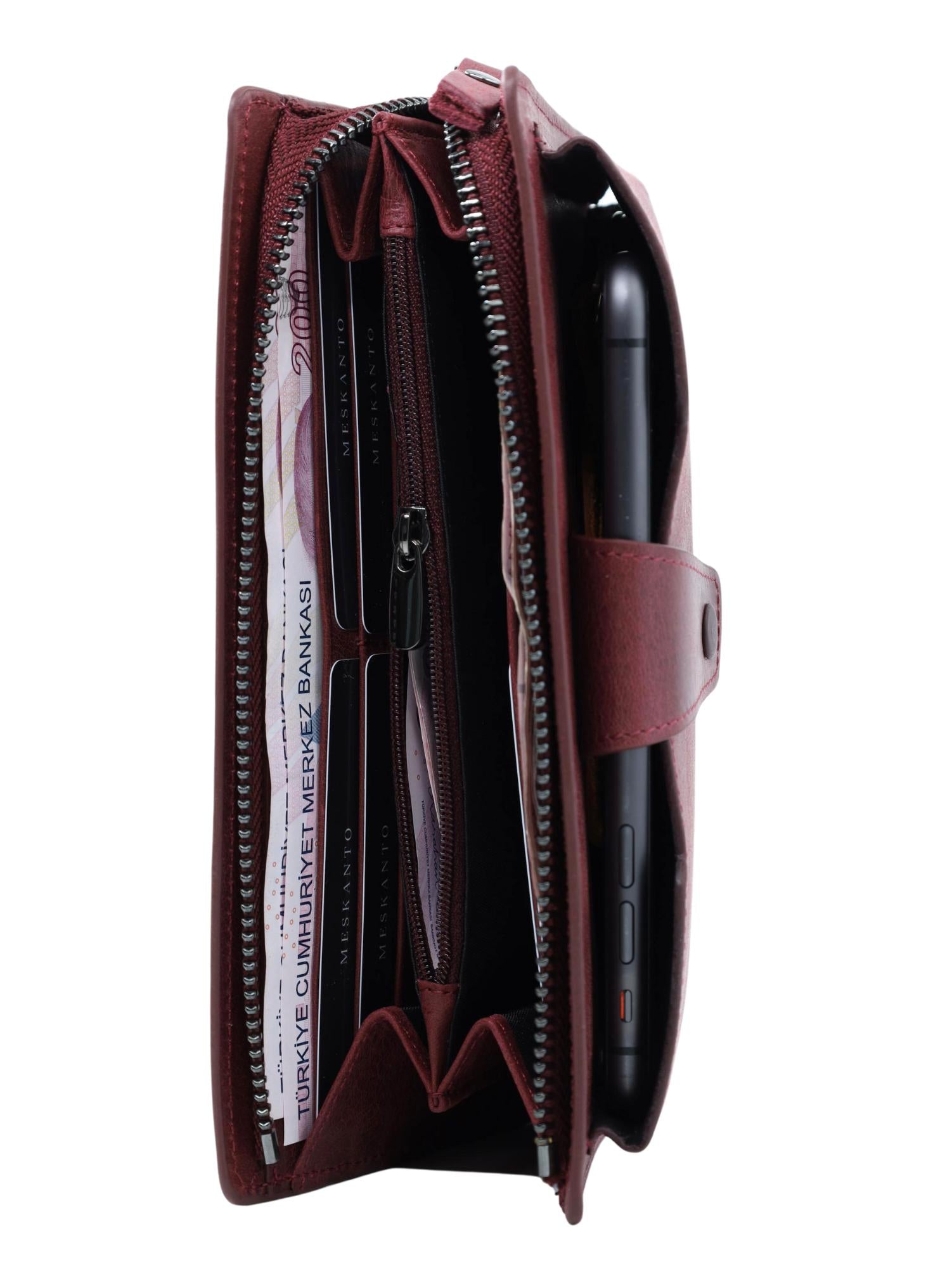 Meskanto - Vera Hakiki Deri Fermuarlı Telefon Bölmeli Uzun Cüzdan - MES-V-1018-BORDO