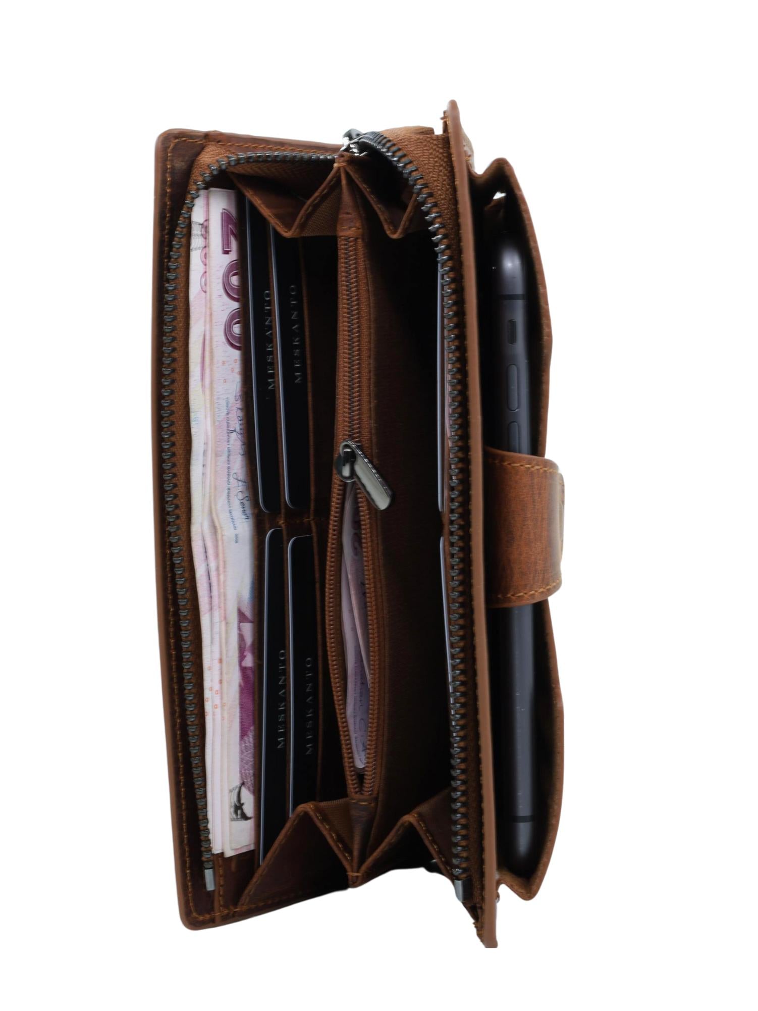 Meskanto - Vera Hakiki Deri Fermuarlı Telefon Bölmeli Uzun Cüzdan - MES-V-1018-KAHVERENGİ