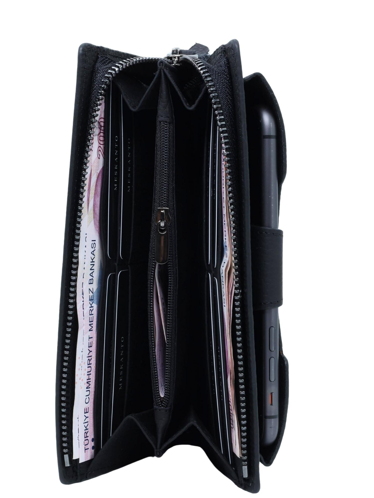 Meskanto - Vera Hakiki Deri Fermuarlı Telefon Bölmeli Uzun Cüzdan - MES-V-1018-SİYAH