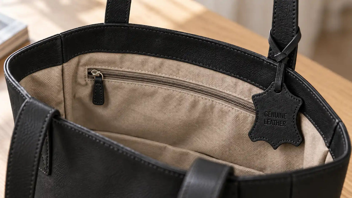 Deri çantanın askısında asılı duran genuine leather etiketi