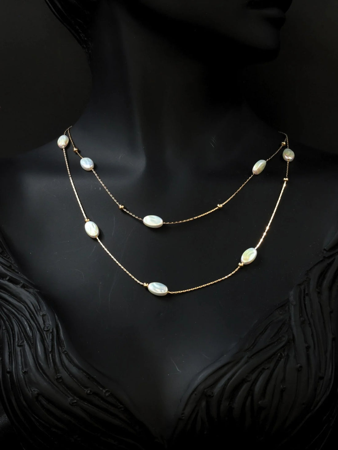 İnci Taşlı Gold Uzun Çelik Kolye