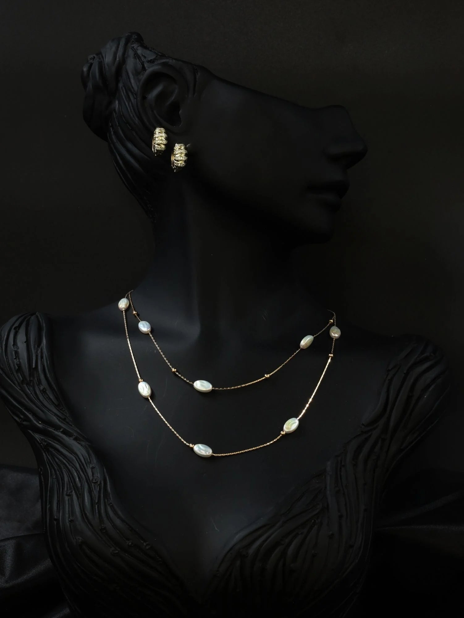 İnci Taşlı Gold Uzun Çelik Kolye