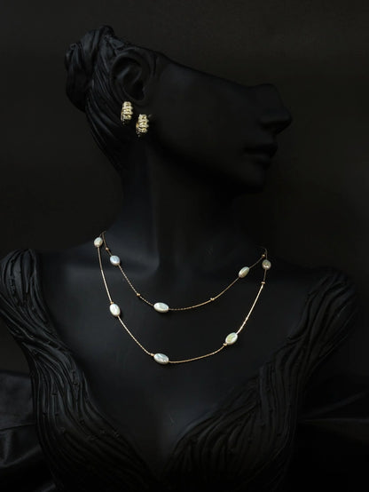 İnci Taşlı Gold Uzun Çelik Kolye