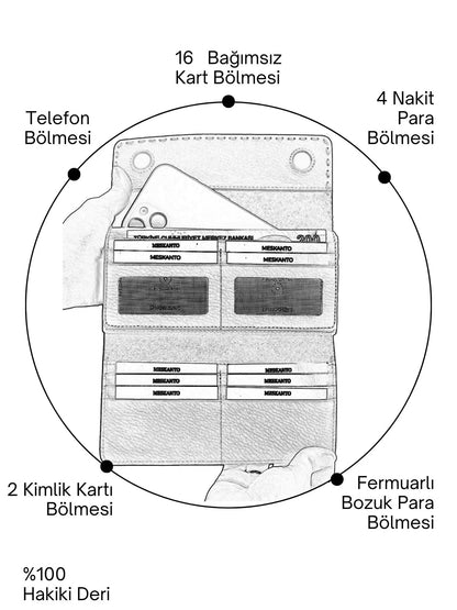 Meskanto - Meskanto Clarice El Dikişli Telefon Bölmeli Kişiye Özel Hakiki Deri Cüzdan - FD - WL - 2022 - K