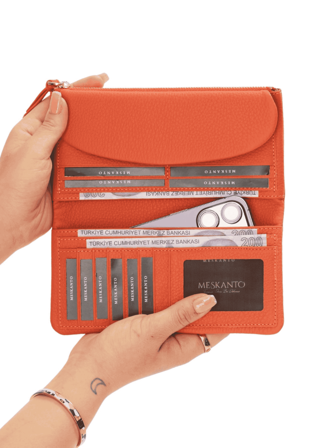 Meskanto - Meskanto Daisy Hakiki Deri Telefon Bölmeli Kapaklı Uzun Kadın Cüzdanı - FD-2049-T- T