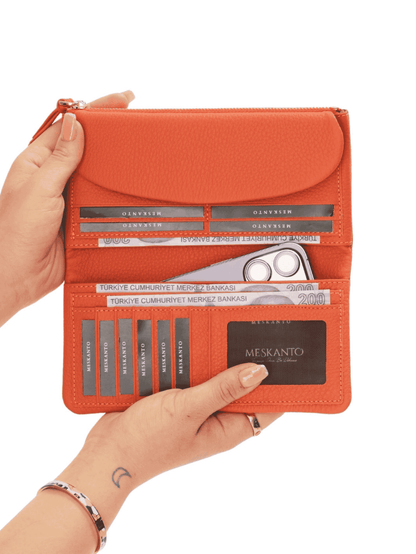 Meskanto - Meskanto Daisy Hakiki Deri Telefon Bölmeli Kapaklı Uzun Kadın Cüzdanı - FD-2049-T- T